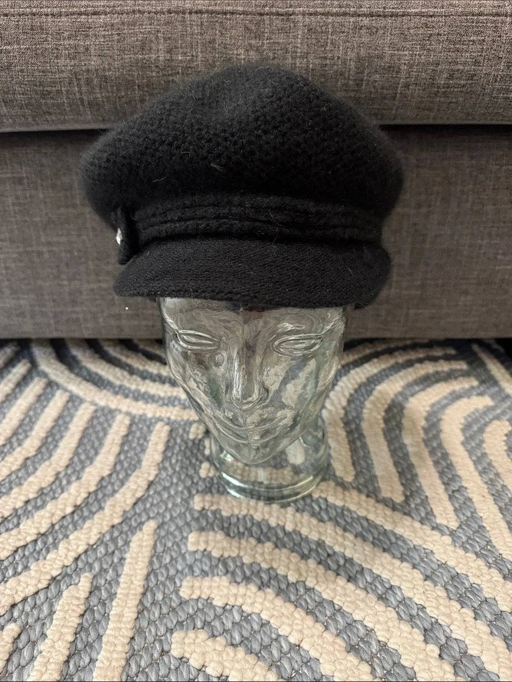 Y2K Black Angora Fuzzy Newsboy Cap Rhinestone Flower Hat